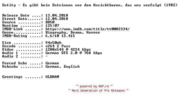 NFO for the release Entity.Es.gibt.kein.Entrinnen.vor.dem.Unsichtbaren.das.uns.verfolgt.1982.German.720p.BluRay.x264-SPiCY by SPiCY