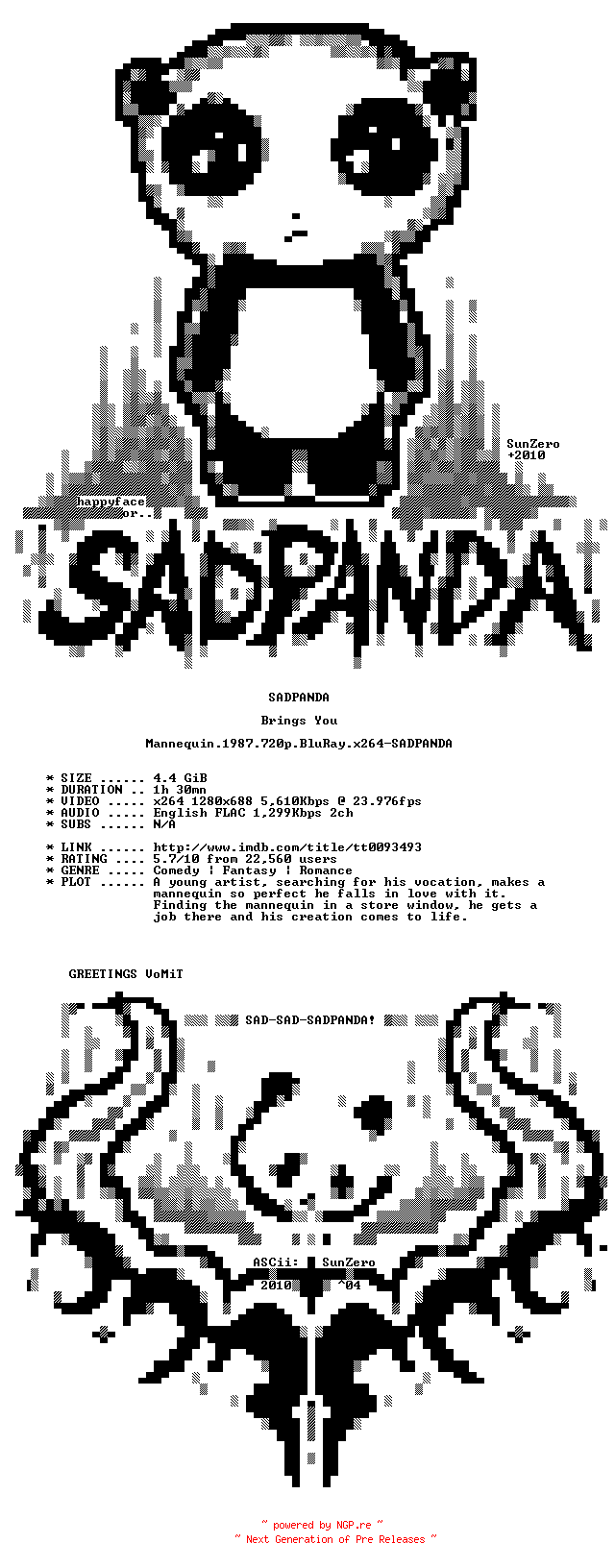 NFO for the release Mannequin.1987.720p.BluRay.x264-SADPANDA by SADPANDA