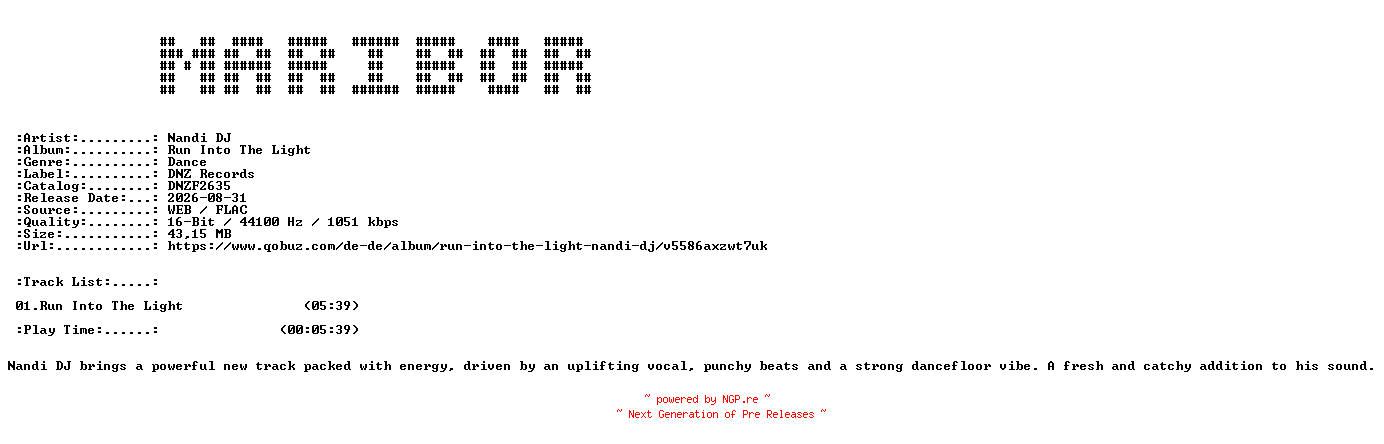 NFO for the release Nandi_DJ-Run_Into_The_Light-(DNZF2635)-SINGLE-16BIT-WEB-FLAC-2026-MARiBOR by MARiBOR