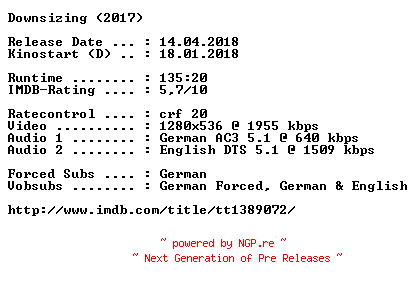 NFO for the release Downsizing.2017.German.DL.720p.BluRay.x264-COiNCiDENCE by COiNCiDENCE