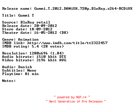 NFO for the release Gummi.T.2012.DANiSH.720p.BluRay.x264-RCDiVX by RCDiVX