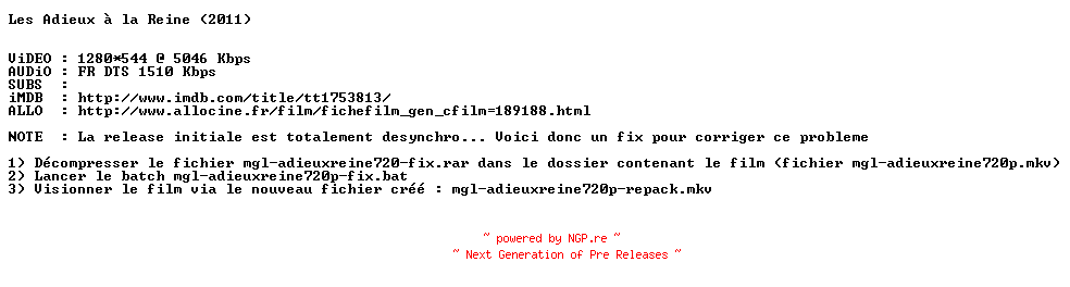NFO for the release Les.Adieux.A.La.Reine.2011.FiX.FRENCH.720p.BluRay.x264-MAGiCAL by MAGiCAL