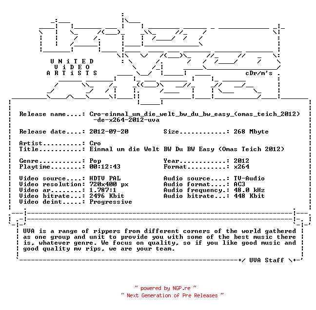 NFO for the release Cro-einmal_um_die_welt_bw_du_bw_easy_(omas_teich_2012)-de-x264-2012-uva by uva