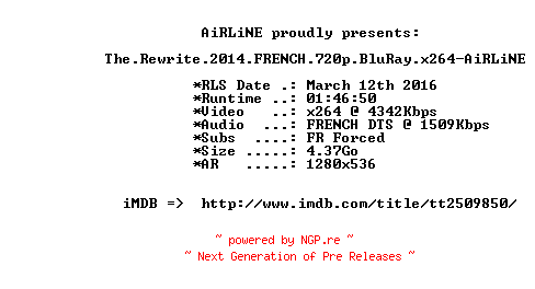 NFO for the release The.Rewrite.2014.FRENCH.720p.BluRay.x264-AiRLiNE by AiRLiNE