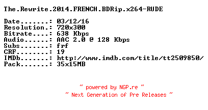 NFO for the release The.Rewrite.2014.FRENCH.BDRip.x264-RUDE by RUDE