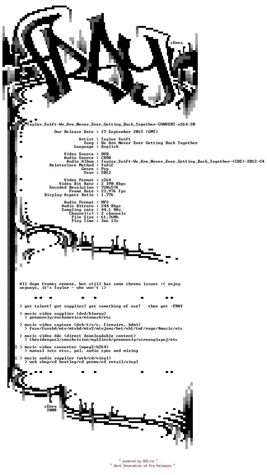 NFO for the release Taylor_Swift-We_Are_Never_Ever_Getting_Back_Together-CONVERT-x264-2012-FRAY by FRAY