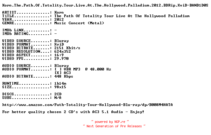 NFO for the release Korn.The.Path.Of.Totality.Tour.Live.At.The.Hollywood.Palladium.2012.BDRip.XviD-BAND1D0S by BAND1D0S