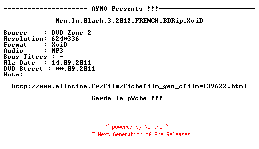 NFO for the release Men.In.Black.3.2012.FRENCH.BDRip.XviD-AYMO by AYMO