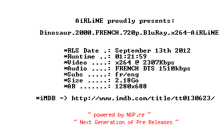 NFO for the release Dinosaur.2000.FRENCH.720p.BluRay.x264-AiRLiNE by AiRLiNE