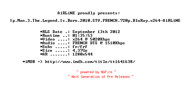 NFO for the release Ip.Man.3.The.Legend.Is.Born.2010.STV.FRENCH.720p.BluRay.x264-AiRLiNE by AiRLiNE