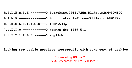 NFO for the release Breathing.2011.720p.BluRay.x264-SONiDO by SONiDO