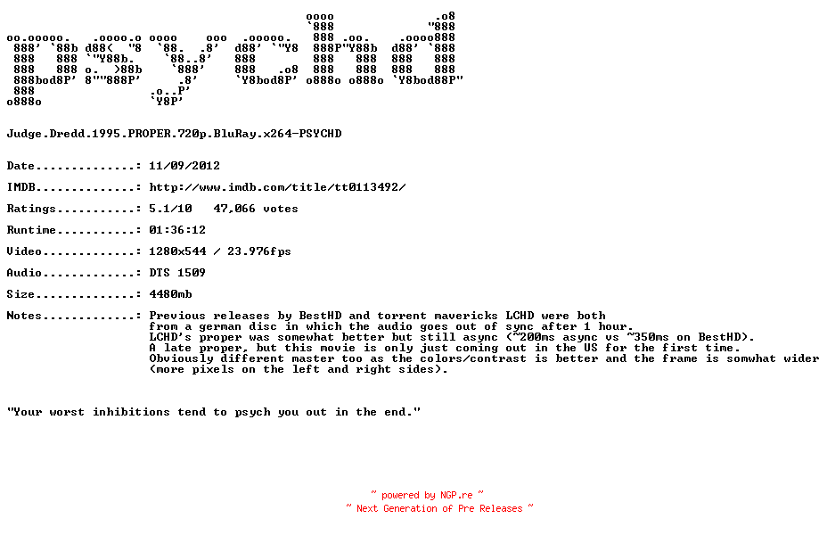 NFO for the release Judge.Dredd.1995.REAL.PROPER.720p.BluRay.x264-PSYCHD by PSYCHD