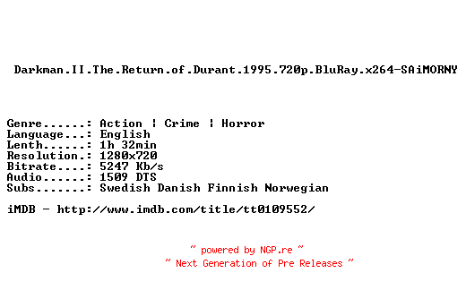 NFO for the release Darkman.II.The.Return.of.Durant.1995.720p.BluRay.x264-SAiMORNY by SAiMORNY