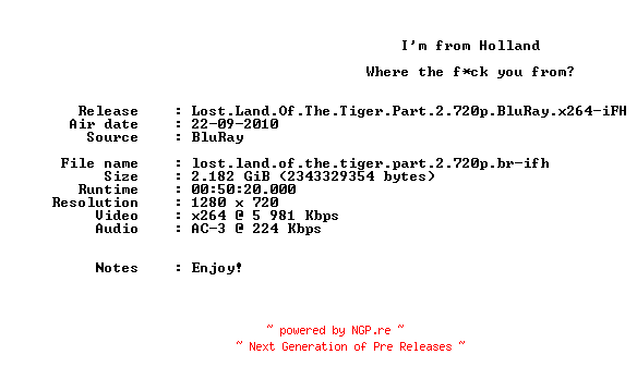NFO for the release Lost.Land.Of.The.Tiger.Part.2.720p.BluRay.x264-iFH by iFH