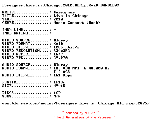 NFO for the release Foreigner.Live.in.Chicago.2010.BDRip.XviD-BAND1D0S by BAND1D0S