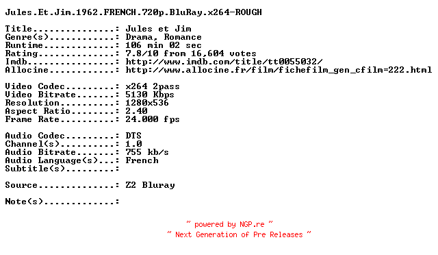 NFO for the release Jules.Et.Jim.1962.FRENCH.720p.BluRay.x264-ROUGH by ROUGH