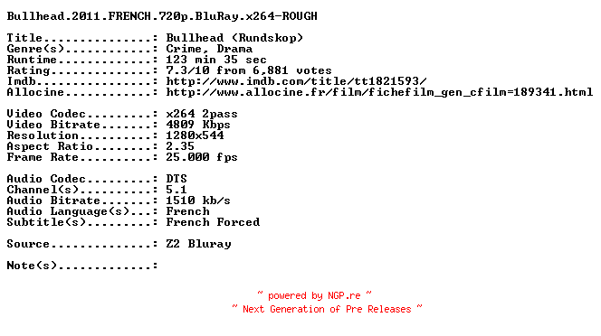 NFO for the release Bullhead.2011.FRENCH.720p.BluRay.x264-ROUGH by ROUGH