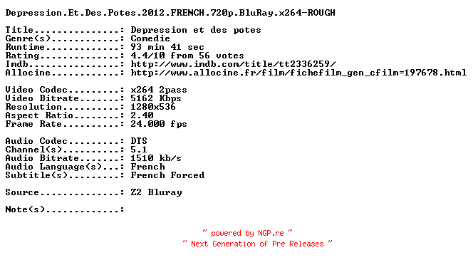 NFO for the release Depression.Et.Des.Potes.2012.FRENCH.720p.BluRay.x264-ROUGH by ROUGH
