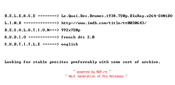 NFO for the release Le.Quai.Des.Brumes.1938.720p.BluRay.x264-SONiDO by SONiDO