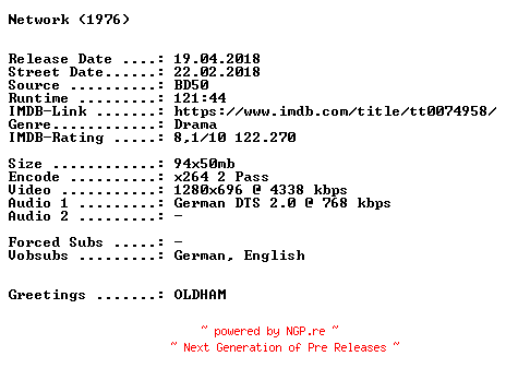 NFO for the release Network.1976.German.720p.BluRay.x264-SPiCY by SPiCY