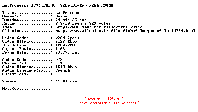 NFO for the release La.Promesse.1996.FRENCH.720p.BluRay.x264-ROUGH by ROUGH