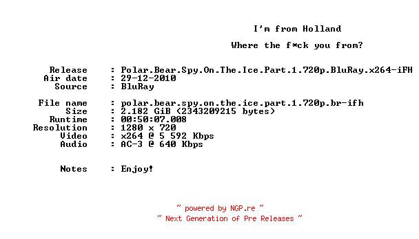 NFO for the release Polar.Bear.Spy.On.The.Ice.Part.1.720p.BluRay.x264-iFH by iFH