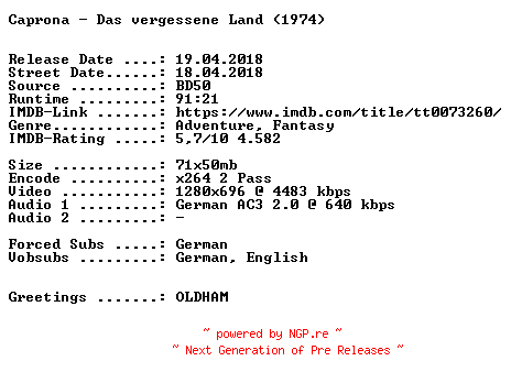 NFO for the release Caprona.Das.vergessene.Land.1974.German.720p.BluRay.x264-SPiCY by SPiCY