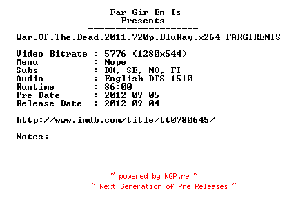 NFO for the release War.Of.The.Dead.2011.720p.BluRay.x264-FARGIRENIS by FARGIRENIS