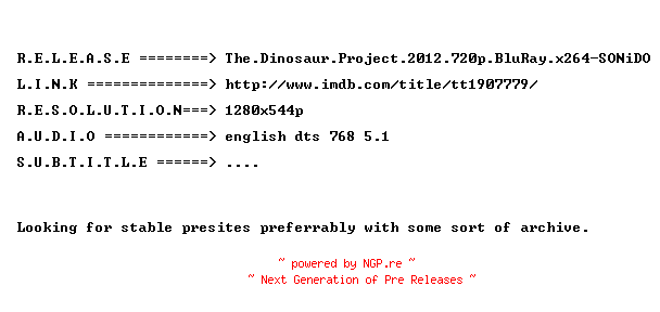 NFO for the release The.Dinosaur.Project.2012.720p.BluRay.x264-SONiDO by SONiDO