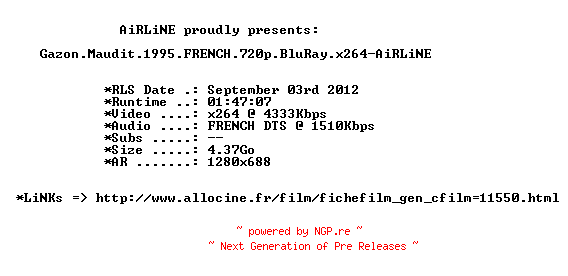 NFO for the release Gazon.Maudit.1995.FRENCH.720p.BluRay.x264-AiRLiNE by AiRLiNE