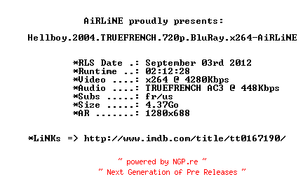 NFO for the release Hellboy.2004.TRUEFRENCH.720p.BluRay.x264-AiRLiNE by AiRLiNE