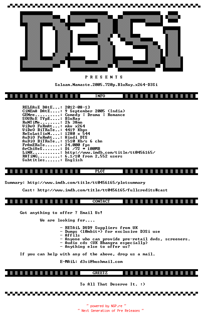 NFO for the release Salaam.Namaste.2005.720p.BluRay.x264-D3Si by D3Si