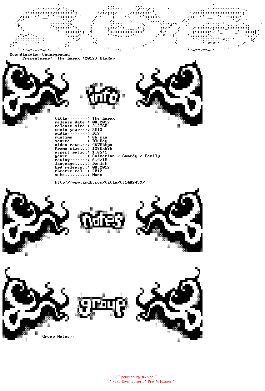 NFO for the release The.Lorax.2012.DANISH.720p.BluRay.x264-SUG by SUG