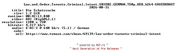 NFO for the release Law.and.Order.Toronto.Criminal.Intent.S03E02.GERMAN.720p.WEB.h264-SAUERKRAUT by SAUERKRAUT