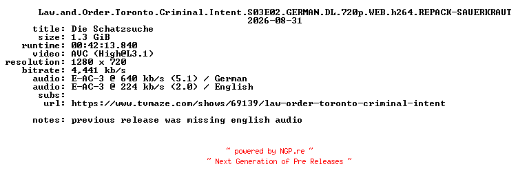 NFO for the release Law.and.Order.Toronto.Criminal.Intent.S03E02.GERMAN.DL.720p.WEB.h264.REPACK-SAUERKRAUT by SAUERKRAUT