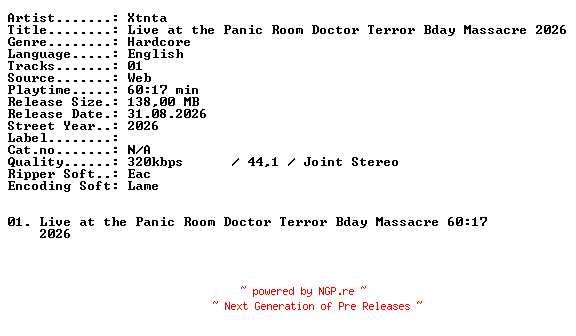 NFO for the release XTNTA-Live_at_the_Panic_Room_Doctor_Terror_Bday_Massacre_2026-WEB-2026-XTC_iNT by XTC_iNT