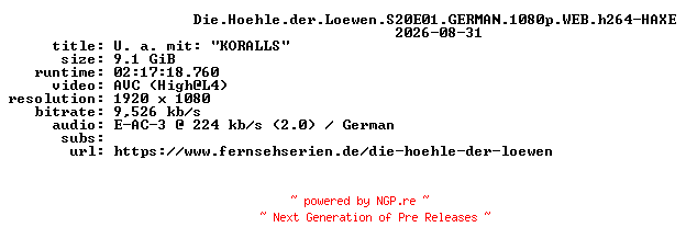 NFO for the release Die.Hoehle.der.Loewen.S20E01.GERMAN.1080p.WEB.h264-HAXE by HAXE