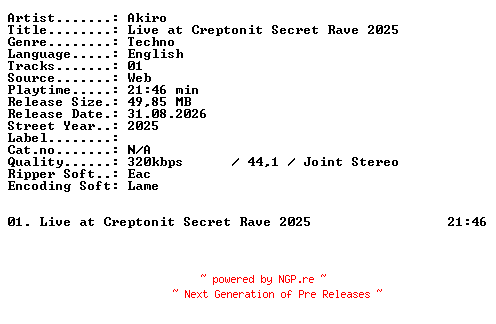 NFO for the release AKIRO-Live_at_Creptonit_Secret_Rave_2025-WEB-2025-XTC_iNT by XTC_iNT