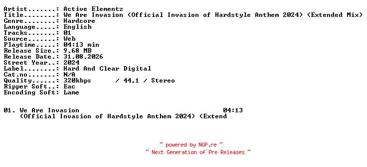 NFO for the release Active_Elementz-We_Are_Invasion_(Official_Invasion_of_Hardstyle_Anthem_2024)_(Extended_Mix)-SINGLE-WEB-2024-XTC_iNT by XTC_iNT