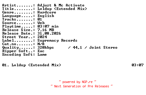 NFO for the release Adjuzt_and_Mc_Activate-Lvldup_(Extended_Mix)-SINGLE-WEB-2024-XTC_iNT by XTC_iNT