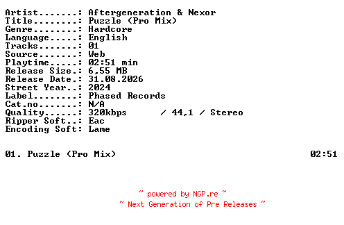 NFO for the release Aftergeneration_and_Nexor-Puzzle_(Pro_Mix)-SINGLE-WEB-2024-XTC_iNT by XTC_iNT