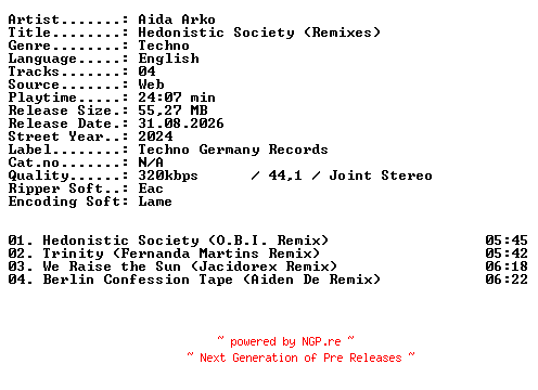 NFO for the release Aida_Arko-Hedonistic_Society_(Remixes)-WEB-2024-XTC_iNT by XTC_iNT