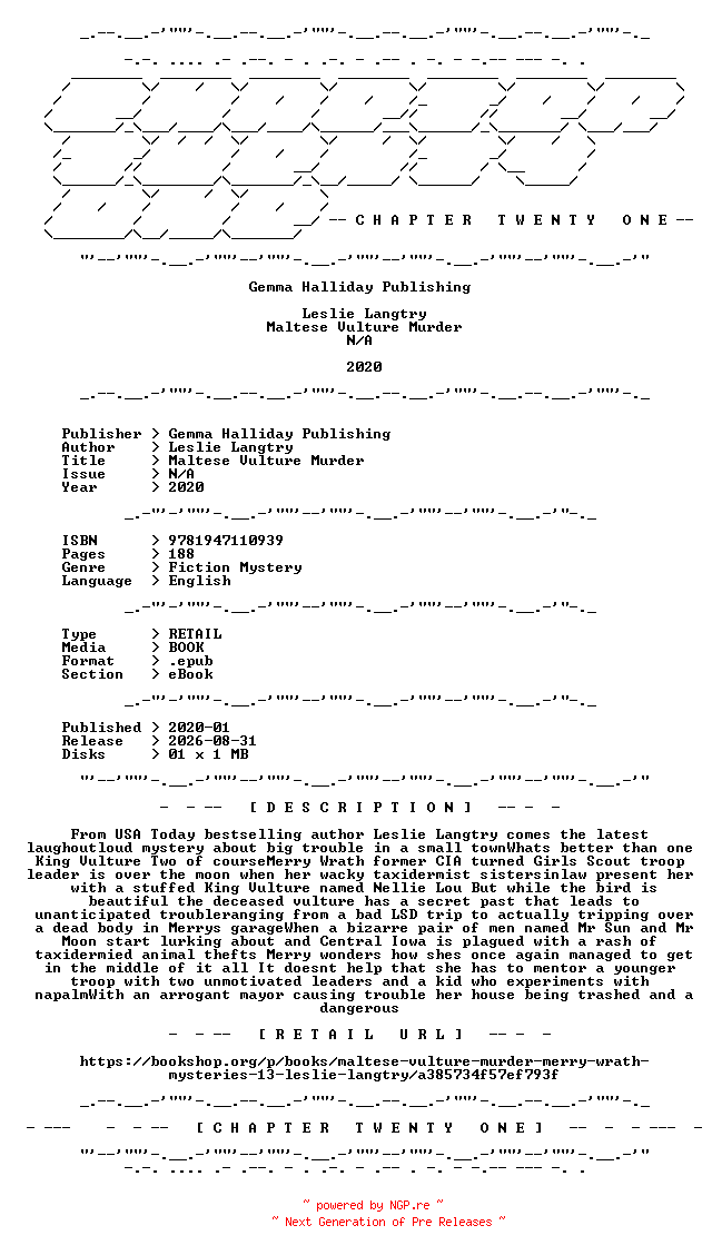NFO for the release Leslie.Langtry.-.Maltese.Vulture.Murder.2020.RETAIL.EPUB.eBook-CTO by CTO