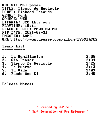 NFO for the release Mal_Pasar-Tiempo_De_Resistir-WEB-ES-2008-SDR by SDR
