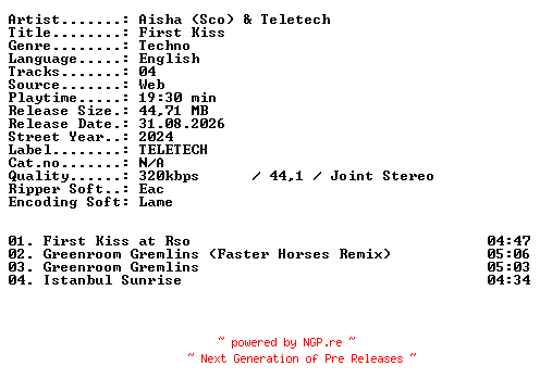 NFO for the release Aisha_(Sco)_and_Teletech-First_Kiss-WEB-2024-XTC_iNT by XTC_iNT