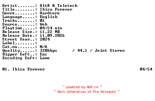 NFO for the release Alt8_and_Teletech-Ibiza_Forever-SINGLE-WEB-2024-XTC_iNT by XTC_iNT