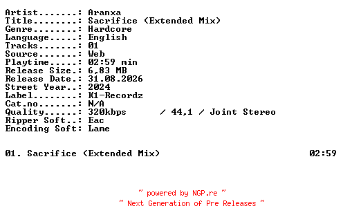 NFO for the release Aranxa-Sacrifice_(Extended_Mix)-SINGLE-WEB-2024-XTC_iNT by XTC_iNT