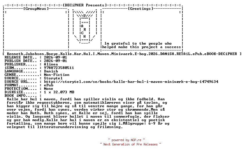 NFO for the release Kenneth.Jakobsen.Boeye.Kalle.Har.Hul.I.Maven.Minivaerk.E.Bog.2026.DANiSH.RETAiL.ePub.eBOOK-DECiPHER by DECiPHER