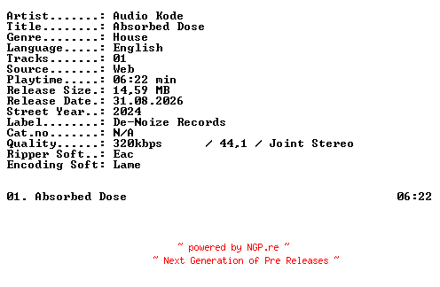 NFO for the release Audio_Kode-Absorbed_Dose-SINGLE-WEB-2024-XTC_iNT by XTC_iNT