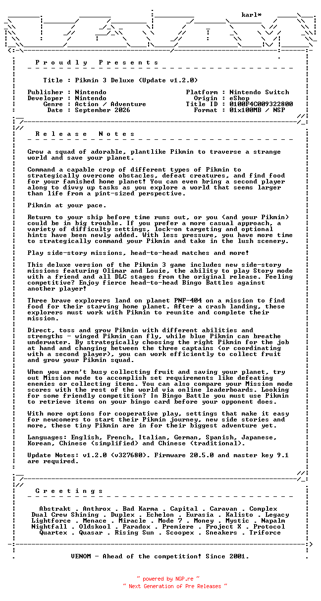 NFO for the release Pikmin_3_Deluxe_Update_v1.2.0_NSW-VENOM by VENOM